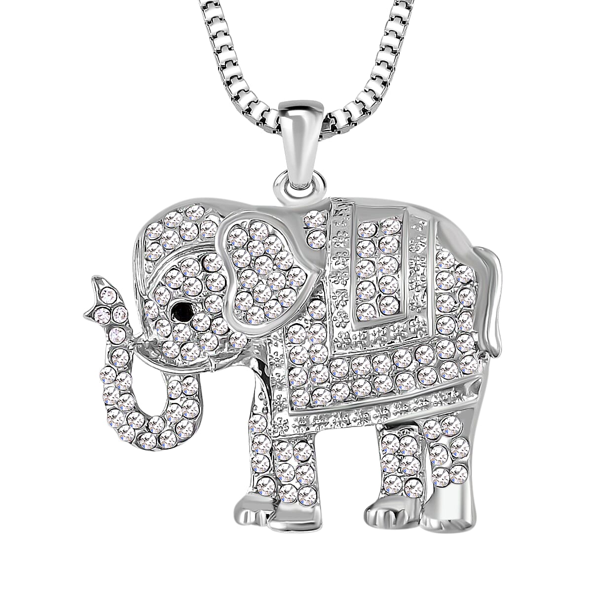 Black and White Austrian Crystal Elephant Pendant Necklace 29-31 Inches in Silvertone