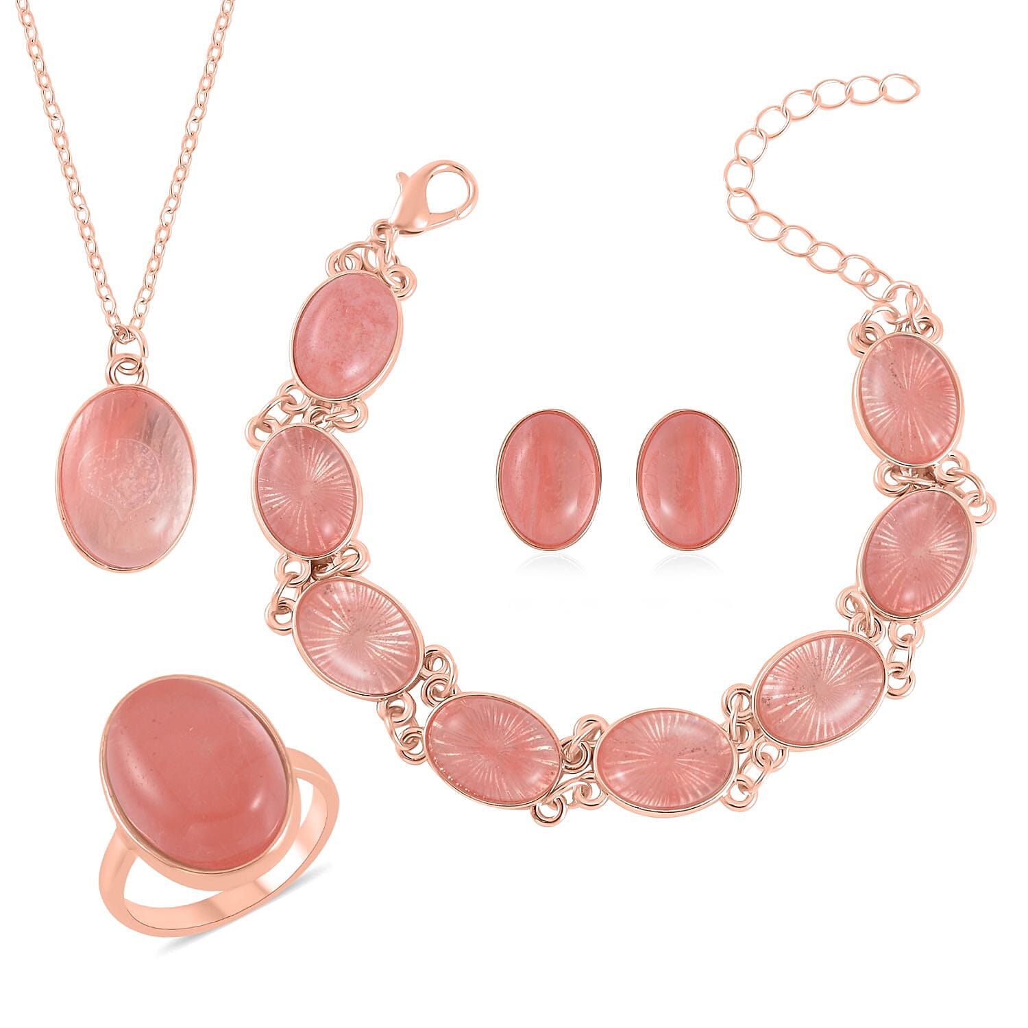 TLV Set of 4 Cherry Quartz Beaded Bracelet (7.5-9.5In), Stud Earrings, Ring (Size 5.0) and Pendant Necklace (18 Inches) in Rosetone 110.00 ctw