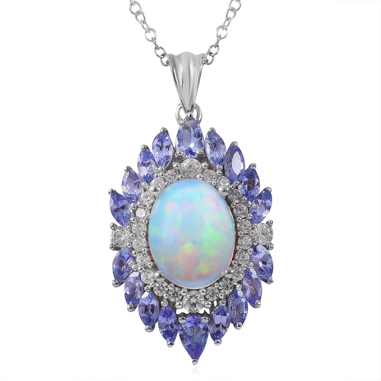 Premium Ethiopian Welo Opal and Multi Gemstone Cocktail Pendant Necklace 18 Inches in Platinum Over Sterling Silver 4.85 ctw