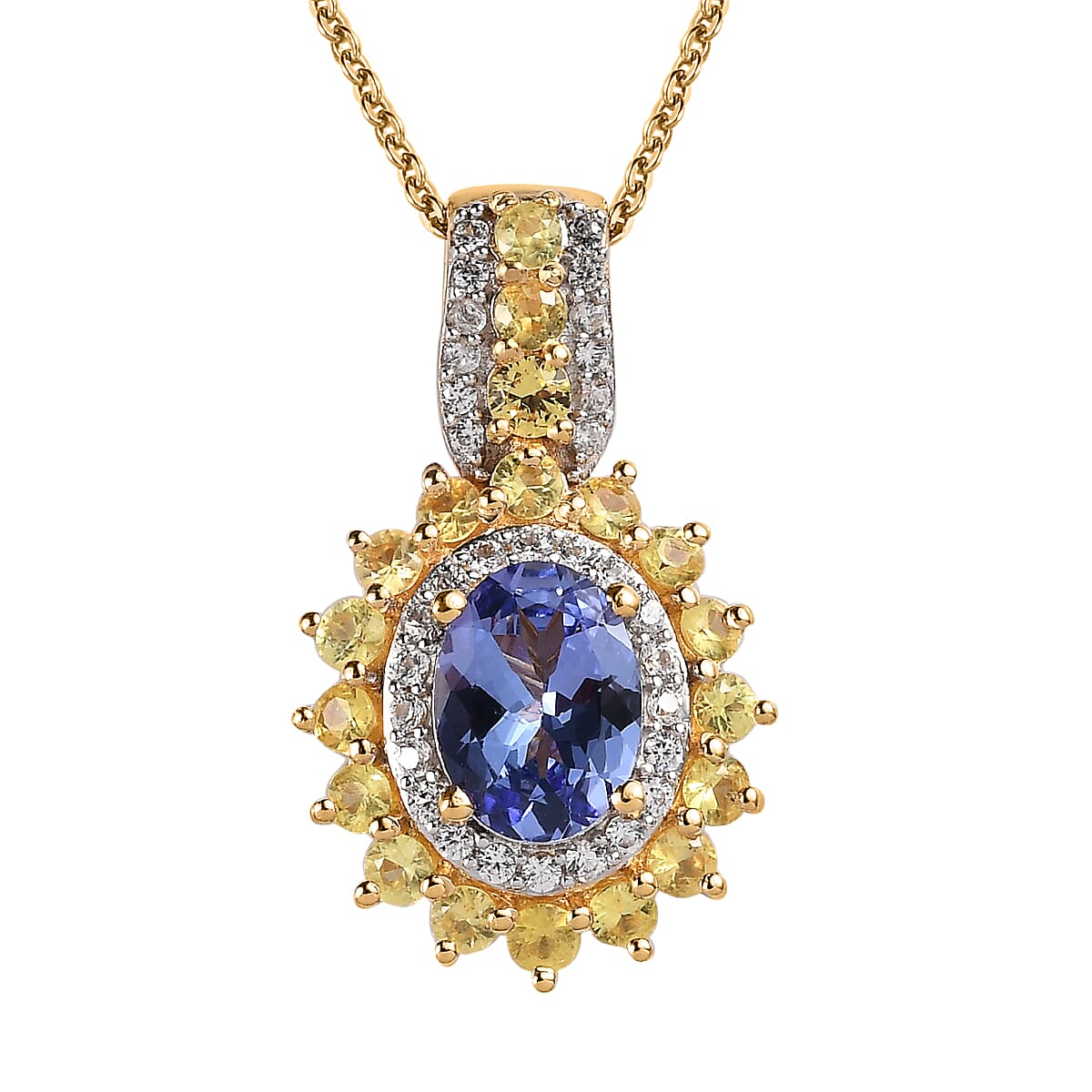Tanzanite and Multi Gemstone Floral Pendant Necklace 20 Inches in Vermeil Yellow Gold Over Sterling Silver 2.75 ctw