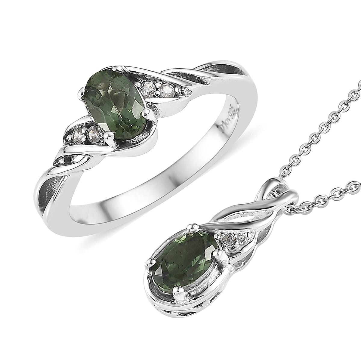 Green Apatite and White Zircon Ring (Size 10.0) and Pendant Necklace 20 Inches in Platinum Over Sterling Silver 1.00 ctw
