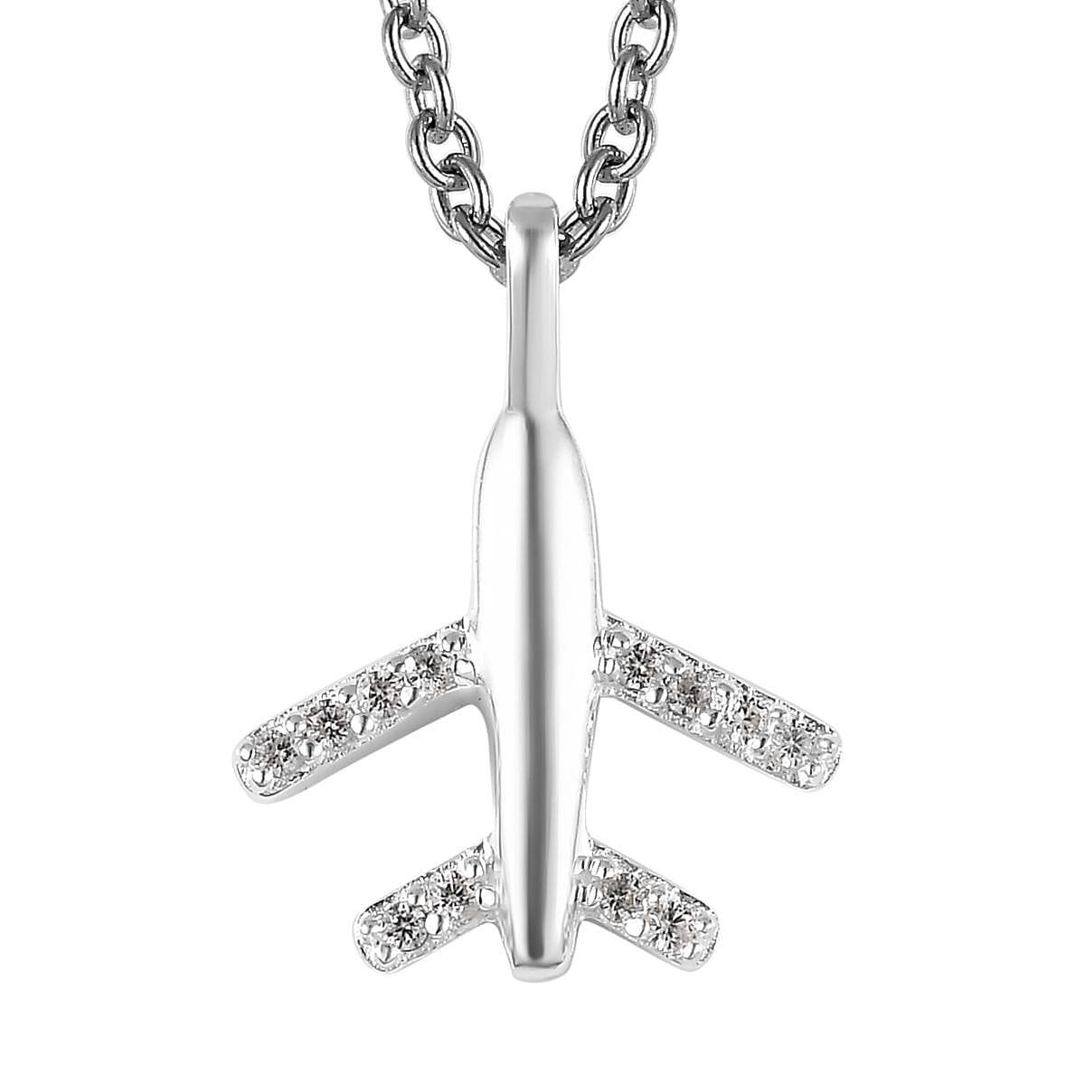 Sterling Silver Airplane Pendant with Stainless Steel Necklace 20 Inches 0.10 ctw