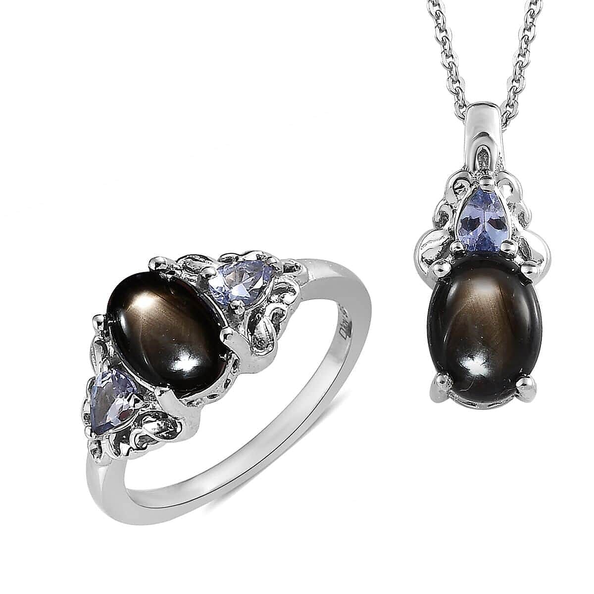 Bankacha Natural Black Star Sapphire and Tanzanite Ring and Pendant Necklace 20 Inches in Platinum Over Sterling Silver 3.60 ctw