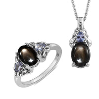 Bankacha Natural Black Star Sapphire and Tanzanite Ring and Pendant Necklace 20 Inches in Platinum Over Sterling Silver 3.60 ctw