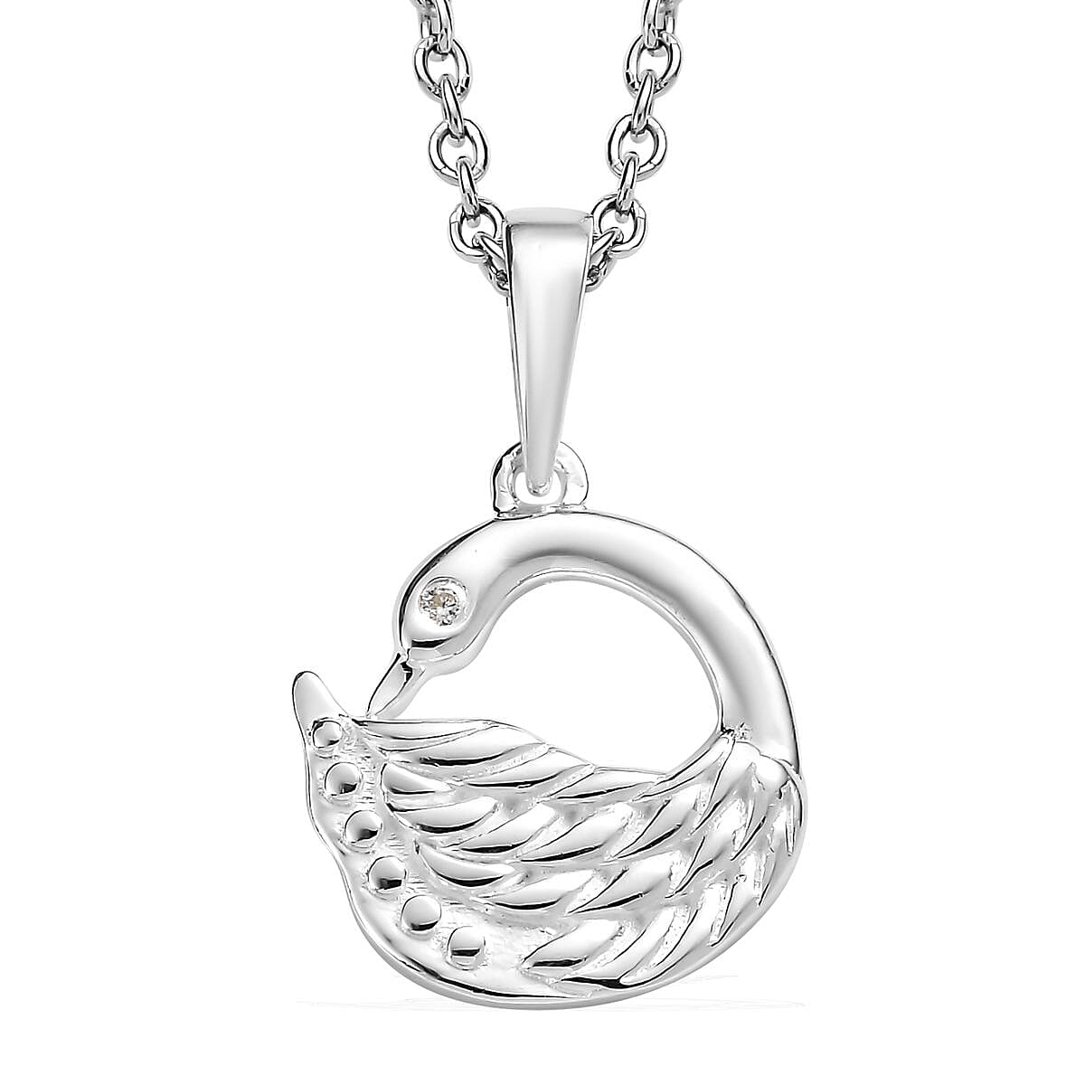 White Zircon Swan Pendant in Sterling Silver with Stainless Steel Necklace 20 Inches