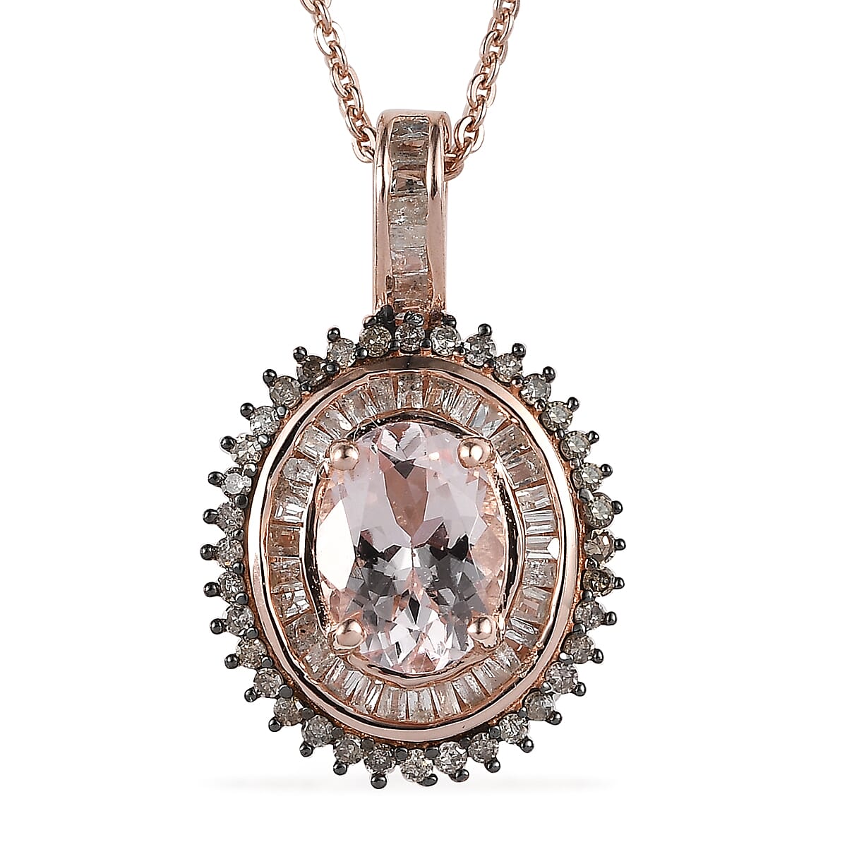 Pink Morganite, Natural Champagne and White Diamond Double Halo Pendant Necklace 20-22 Inches in Vermeil Rose Gold Over Sterling Silver 1.50 ctw