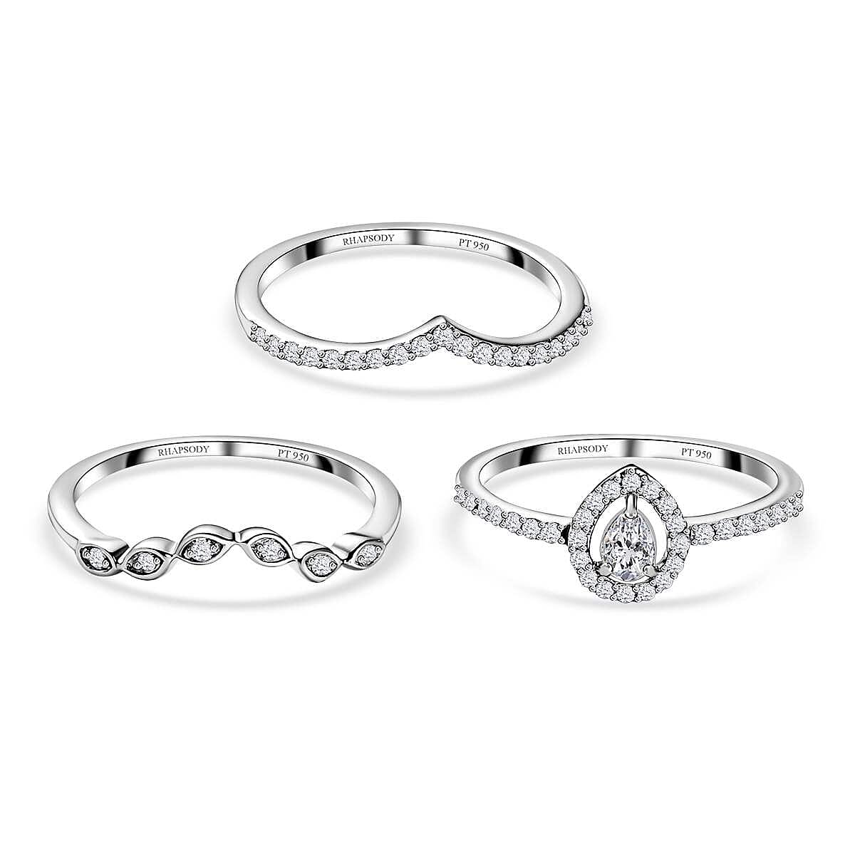 Rhapsody IGI Certified 950 Platinum Diamond E-F VS Set of 3 Stackable Ring (Size 6.0) 6.40 Grams 0.50 ctw