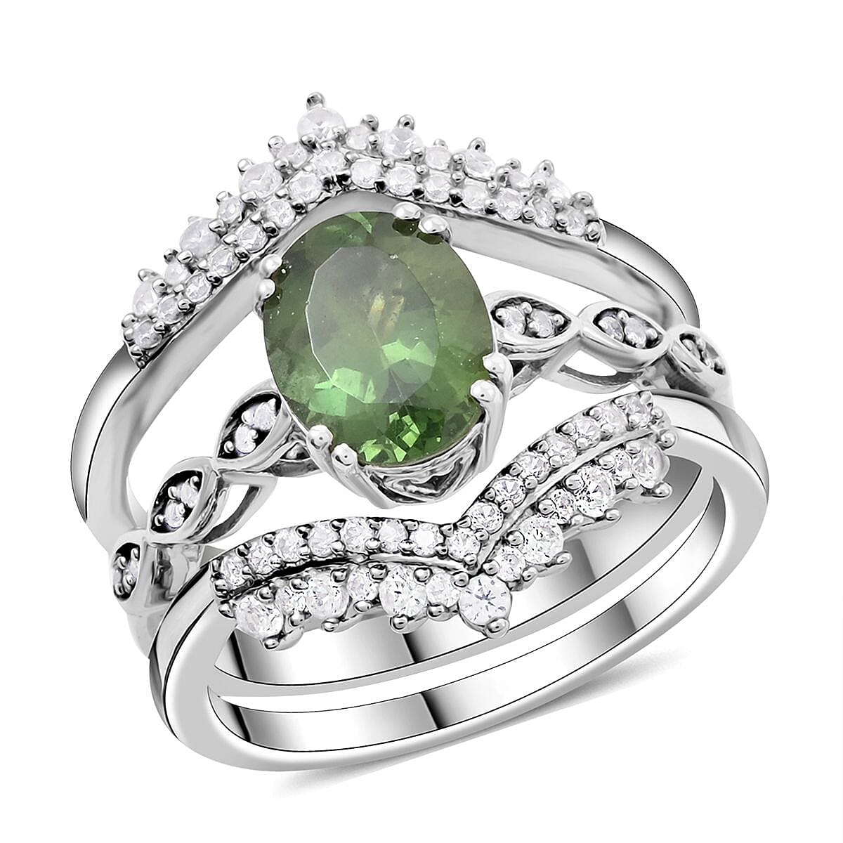 Green Apatite and White Zircon Set of 2 Stackable Ring in Platinum Over Sterling Silver (Size 6.0) 3.50 ctw