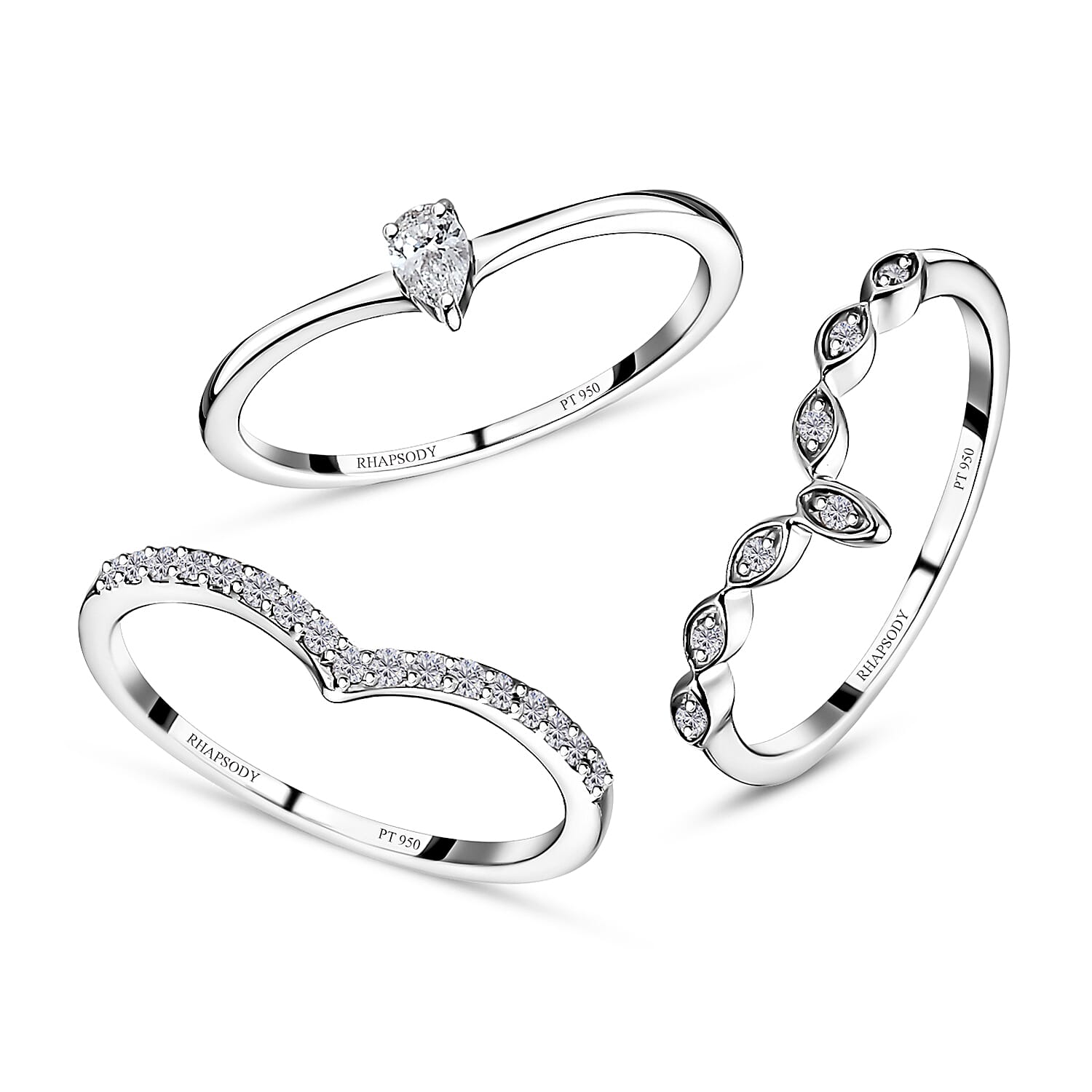 Rhapsody 950 Platinum Diamond (E-F, VS) Set of 3 Stackable Ring (Size 6.0) 0.33 ctw