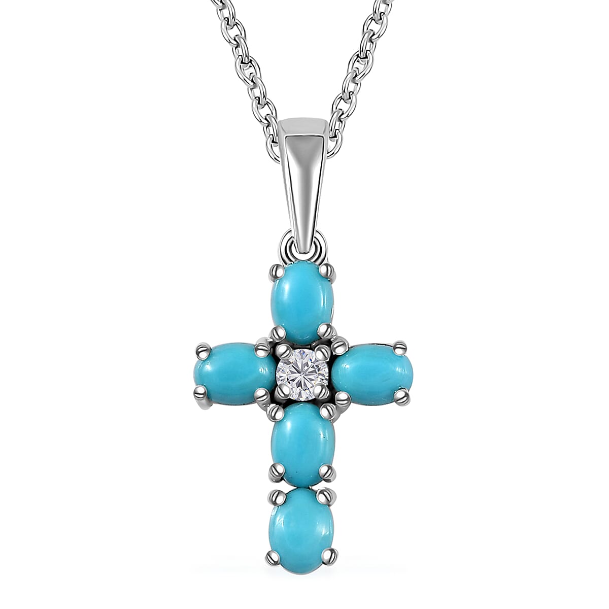 Sleeping Beauty Turquoise and White Zircon Cross Pendant in Platinum Over Sterling Silver with Stainless Steel Necklace 20 Inches 0.90 ctw