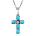 Sleeping Beauty Turquoise and White Zircon Cross Pendant in Platinum Over Sterling Silver with Stainless Steel Necklace 20 Inches 0.90 ctw - Sticky add to cart bar