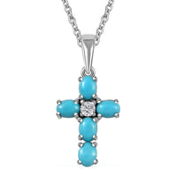 Sleeping Beauty Turquoise and White Zircon Cross Pendant in Platinum Over Sterling Silver with Stainless Steel Necklace 20 Inches 0.90 ctw