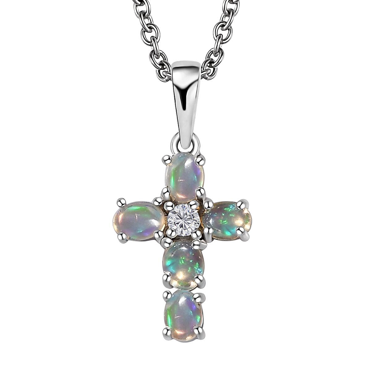 Premium Ethiopian Welo Opal and White Zircon Pendant in Platinum Over Sterling Silver with Stainless Steel Necklace 20 Inches 0.85 ctw