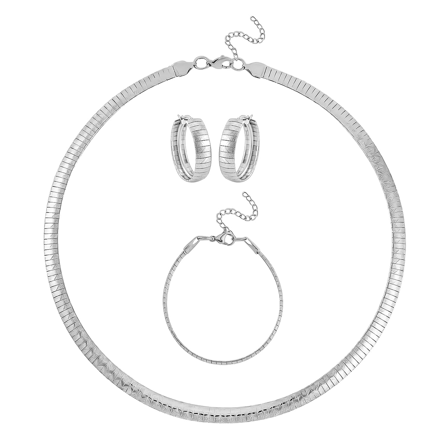 Omega Textured Zig-Zag Chain Necklace 20-22 Inches, Bracelet (7.50-9.50In) and Earrings in Stainless Steel, Durable Jewelry Set, Birthday Gift For Her