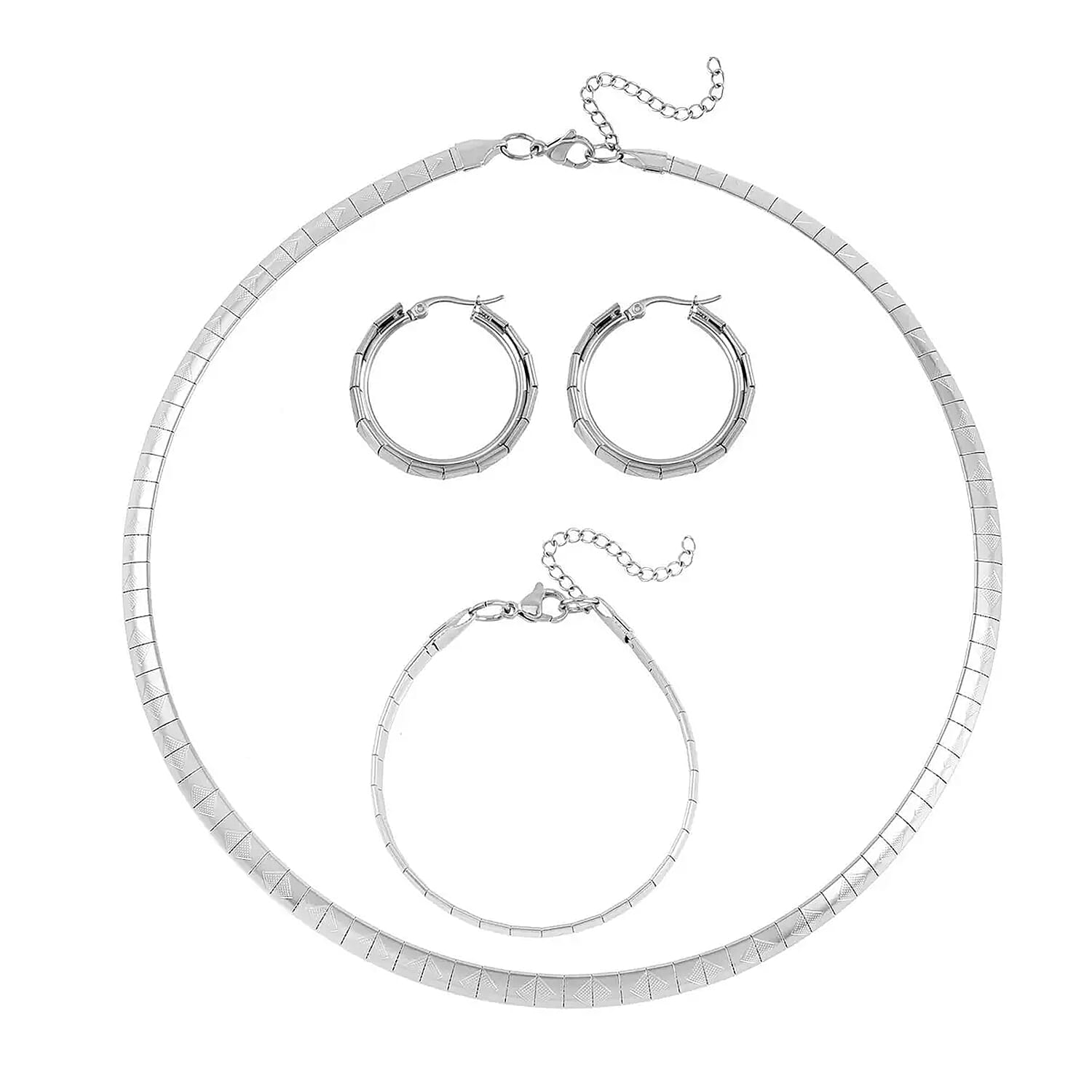 Omega Zig-Zag Texture Chain Necklace 20-22 Inches, Bracelet (7.50-9.50In) and Earrings in Stainless Steel, Durable Jewelry Set, Birthday Gift For Her