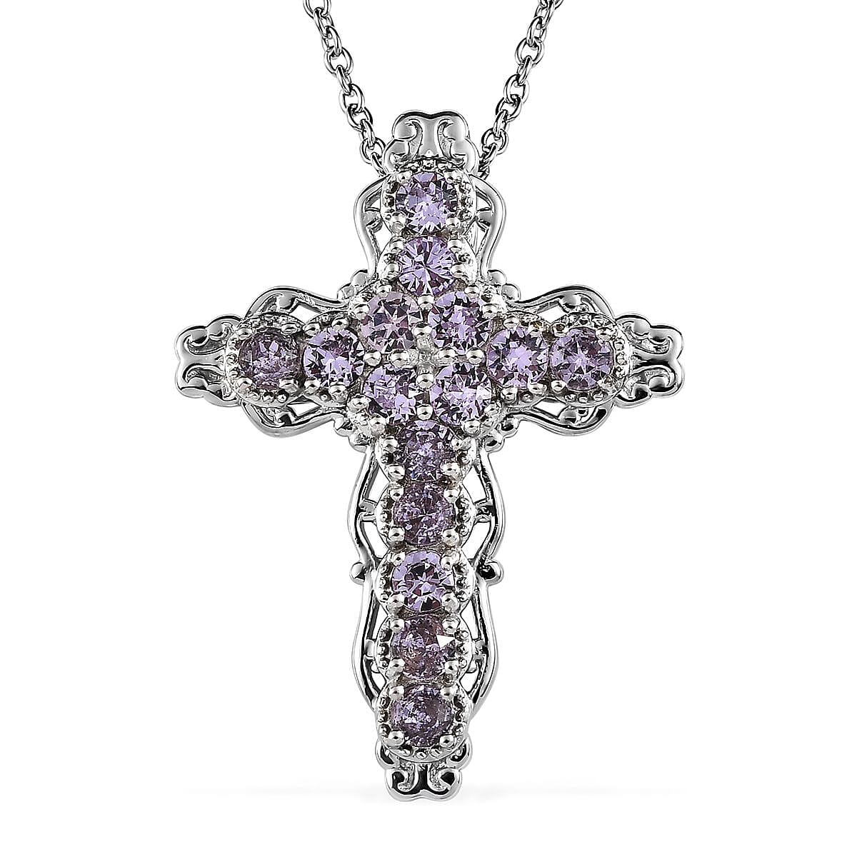 Violet Color Crystal Cross Pendant Necklace (20 Inches) in Stainless Steel 1.50 ctw , Tarnish-Free, Waterproof, Sweat Proof Jewelry