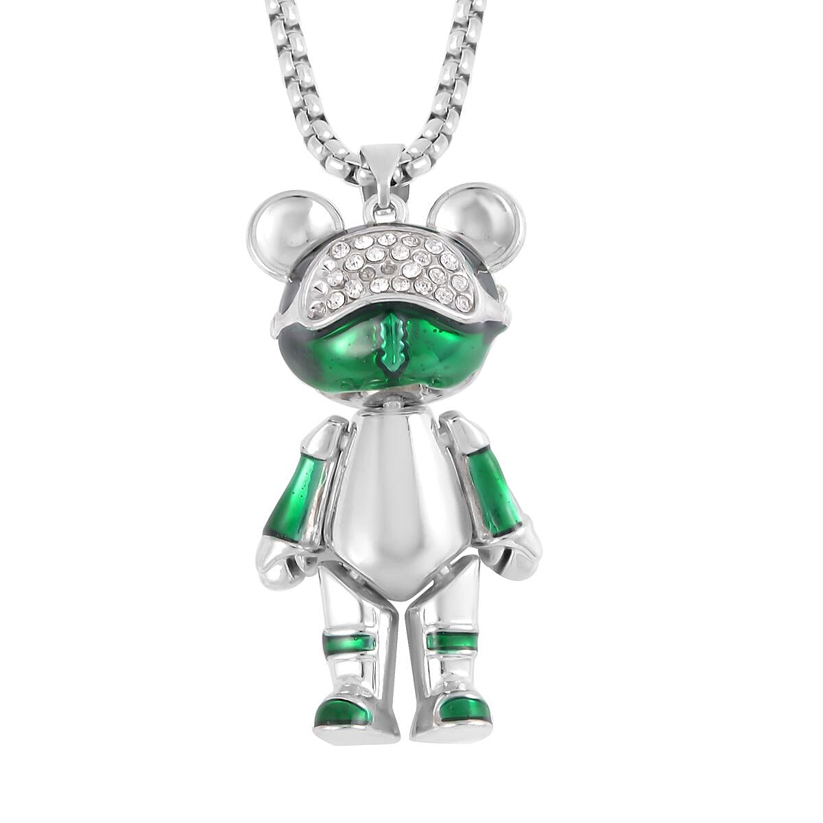 Austrian Crystal, Enameled Bear Pendant Necklace 28 Inches in Silvertone & Stainless Steel