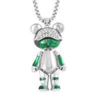 Austrian Crystal, Enameled Bear Pendant Necklace 28 Inches in Silvertone & Stainless Steel