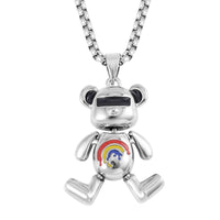 Austrian Crystal, Enameled Bear Pendant Necklace 28 Inches in Silvertone & Stainless Steel