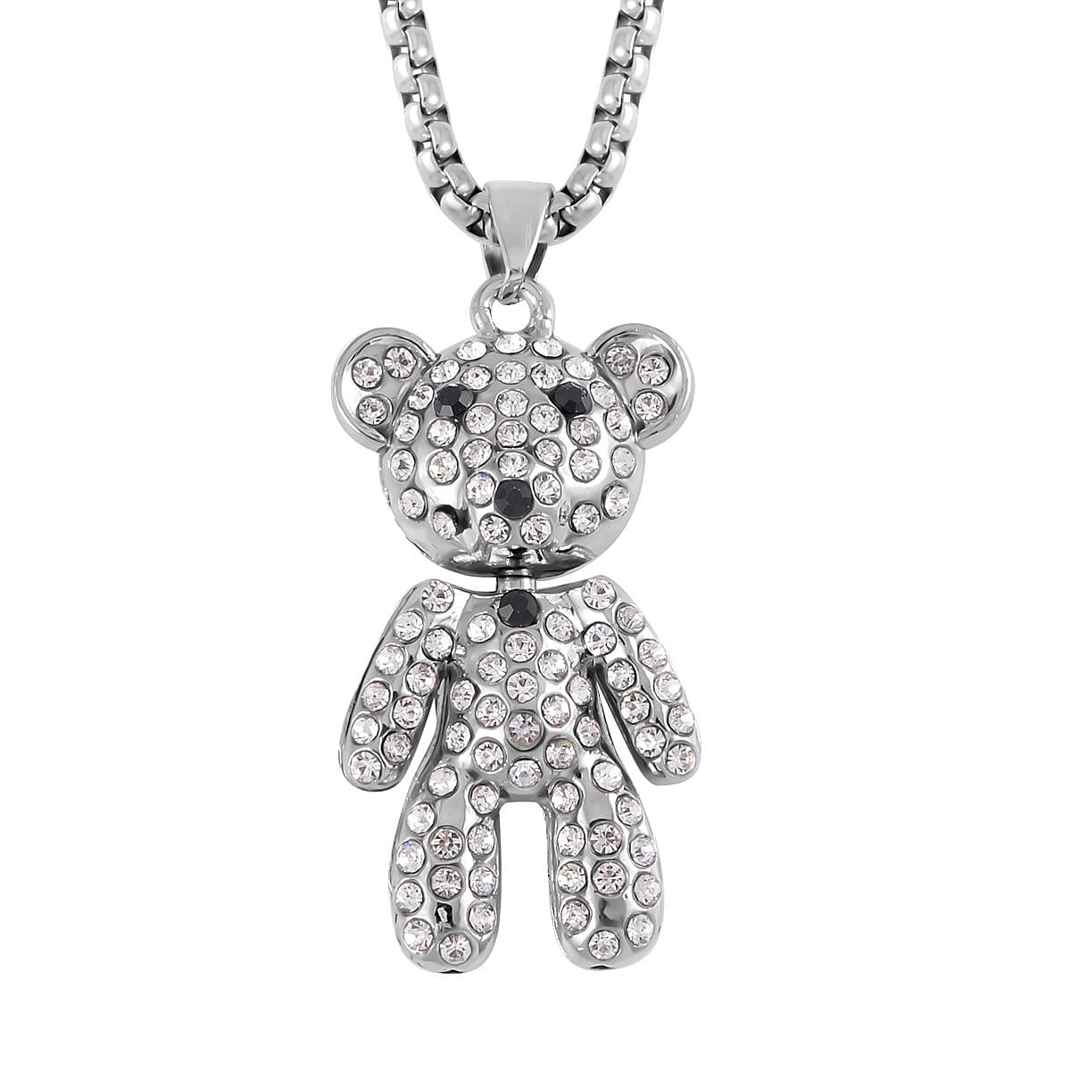 Austrian Crystal Bear Pendant in Silvertone with Stainless Steel Necklace 28 Inches