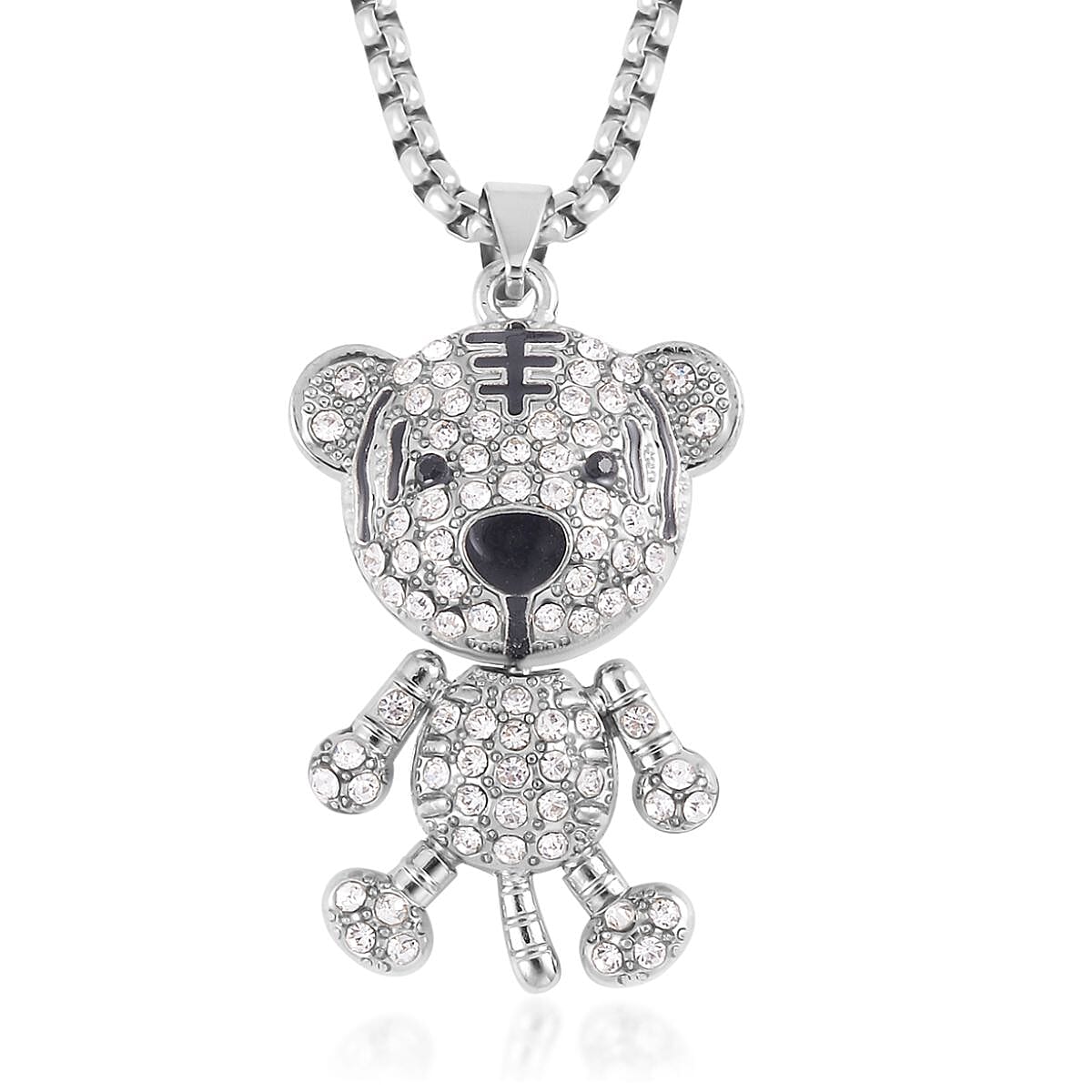 Black and White Austrian Crystal, Enameled Bear Pendant in Silvertone with Stainless Steel Necklace 28 Inches
