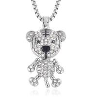Black and White Austrian Crystal, Enameled Bear Pendant in Silvertone with Stainless Steel Necklace 28 Inches
