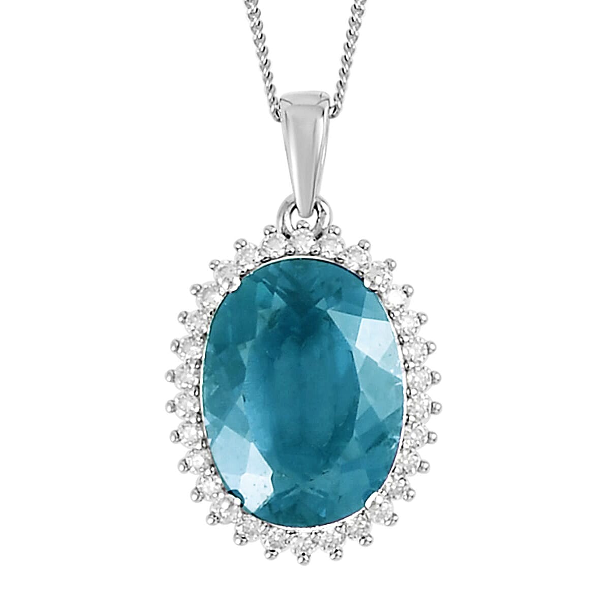 Dean Teal Fluorite (IR) and Moissanite 11.50 ctw Halo Pendant Necklace in Rhodium Over Sterling Silver 18 Inches