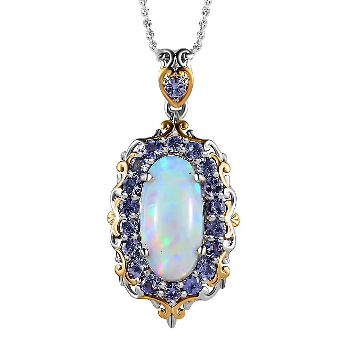 Premium Ethiopian Welo Opal and Tanzanite Pendant Necklace 20 Inches in Vermeil YG and Platinum Over Sterling Silver 4.65 ctw