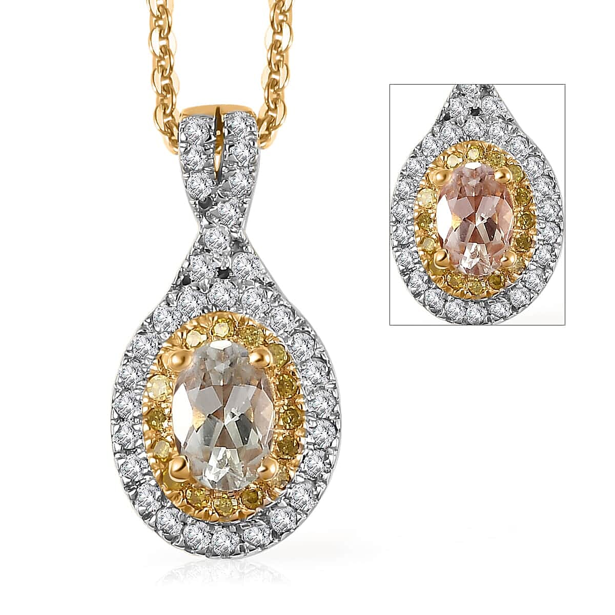AAA Turkizite, Yellow and White Diamond Double Halo Pendant Necklace 20 Inches in Vermeil Yellow Gold Over Sterling Silver 0.75 ctw