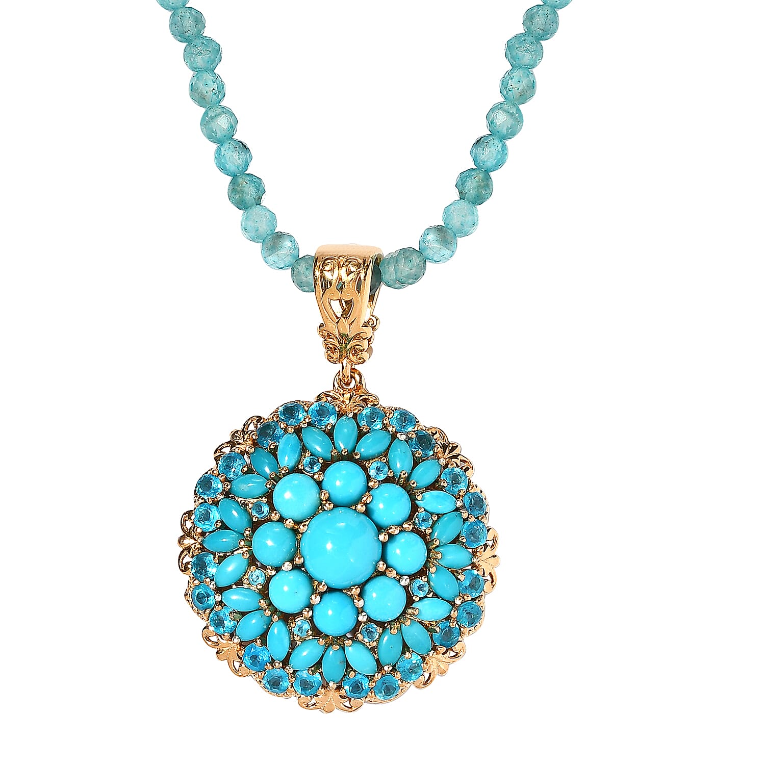 Premium Sleeping Beauty Turquoise and Malgache Neon Apatite Medallion Pendant with Beaded Necklace 20 Inches in Vermeil YG and Platinum Over Sterling Silver 77.15 ctw