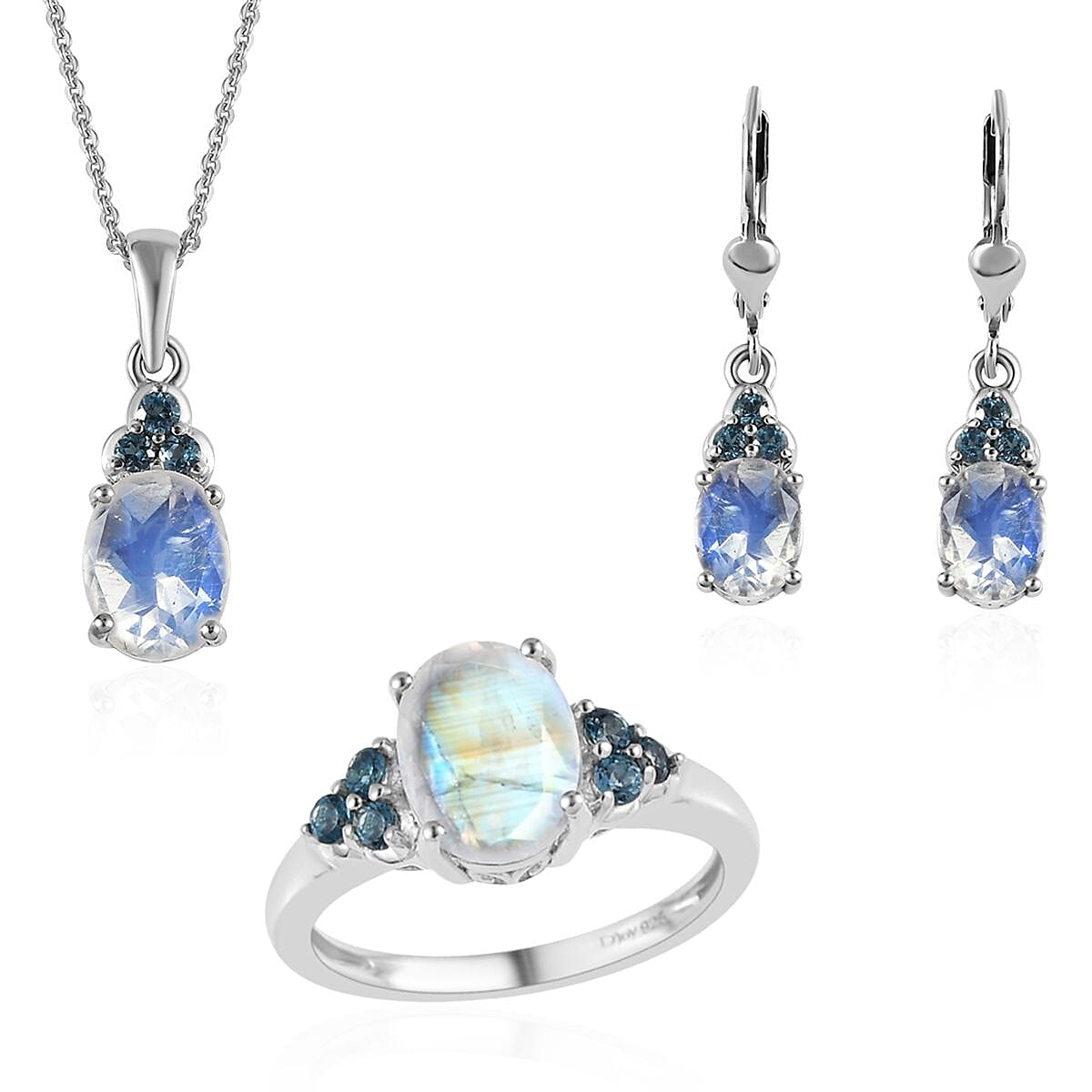 Premium Rainbow Moonstone and London Blue Topaz Lever Back Earrings, Ring and Pendant Necklace 20 Inches in Platinum Over Sterling Silver 6.85 ctw