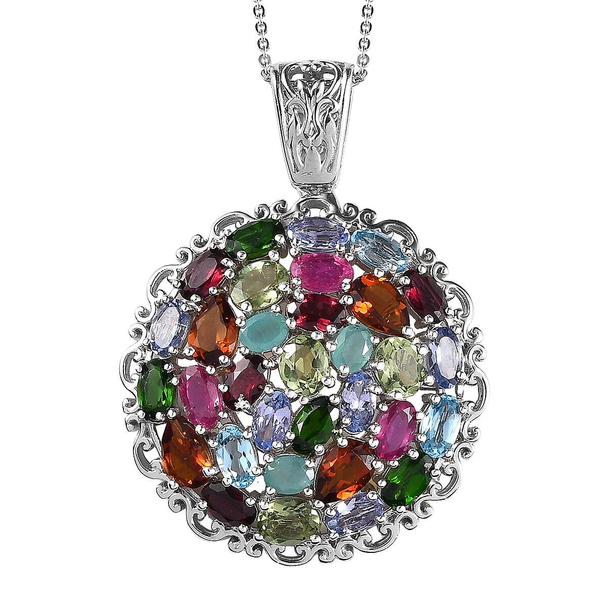 Multi Gemstone Cluster Pendant Necklace 20 Inches in Platinum Over Sterling Silver 9.10 ctw