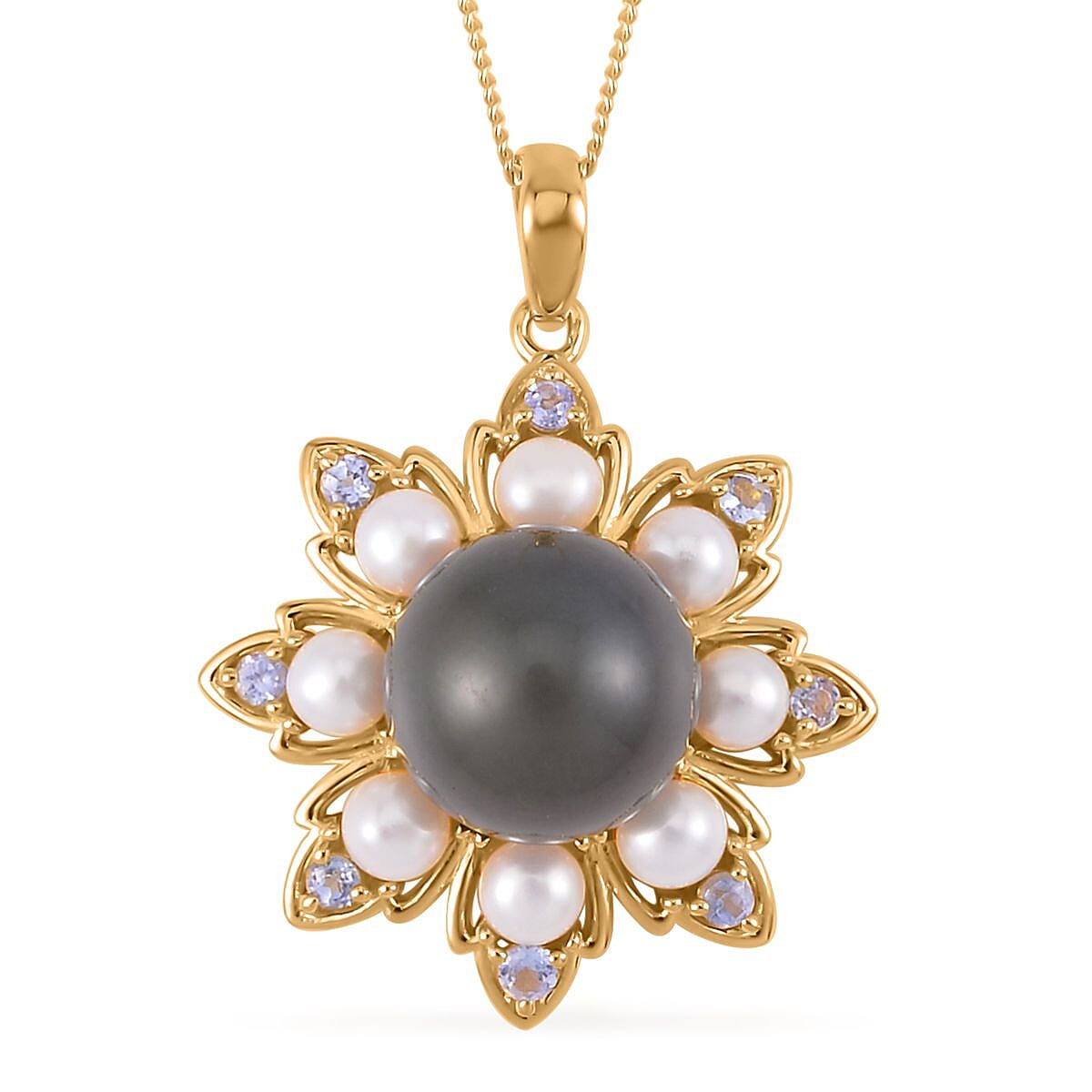 Tahitian Cultured Pearl and Multi Gemstone Floral Pendant Necklace 18 Inches in Vermeil Yellow Gold Over Sterling Silver 0.30 ctw
