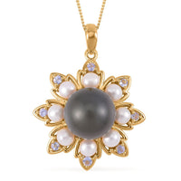Tahitian Cultured Pearl and Multi Gemstone Floral Pendant Necklace 18 Inches in Vermeil Yellow Gold Over Sterling Silver 0.30 ctw