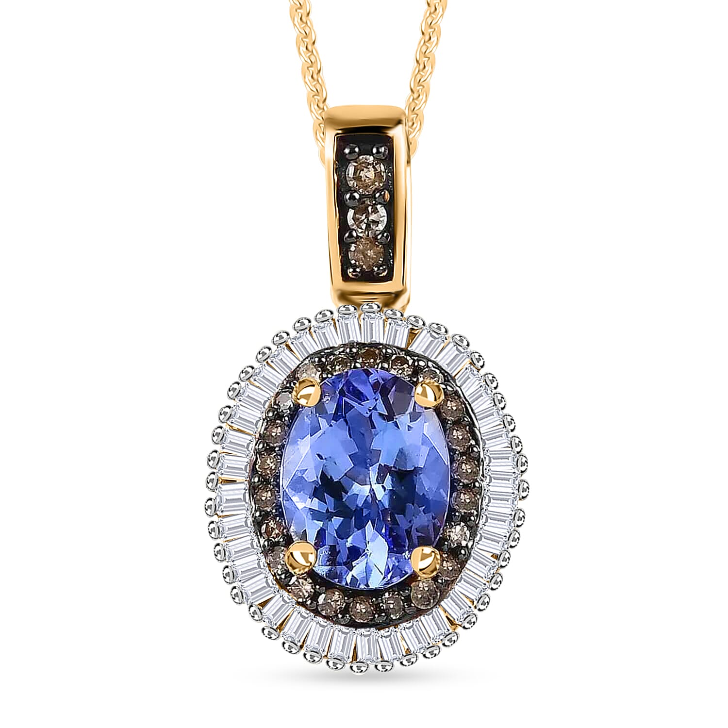 Peacock Tanzanite, Blue and White Diamond Double Halo Pendant Necklace 20 Inches in Platinum Over Sterling Silver 1.50 ctw