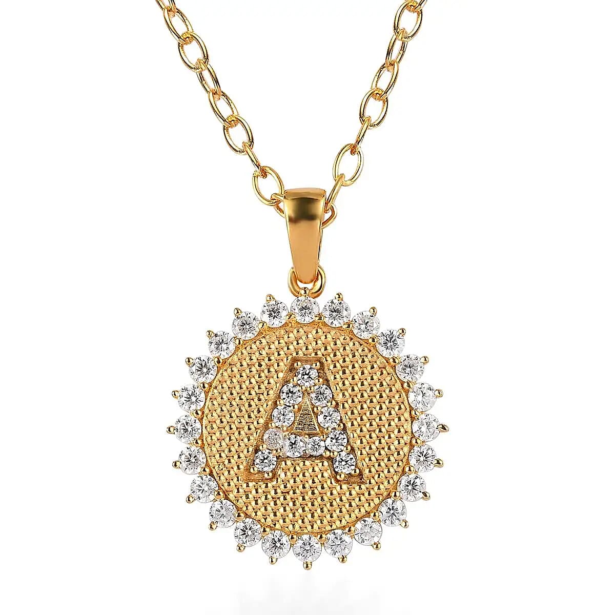 Moissanite Initial A Sun Medallion Coin Pendant with Cable Chain 20 Inches in Vermeil Yellow Gold Over Sterling Silver 1.40 ctw