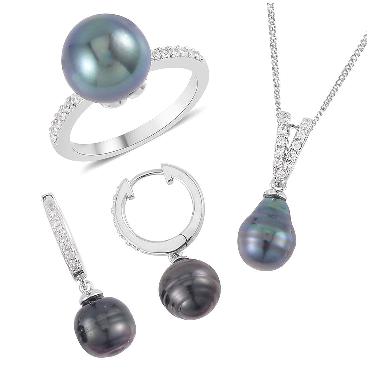 Tahitian Cultured Pearl and White Zircon Drop Hoop Earrings, Ring Size 6, Pendant Necklace 18 Inches in Rhodium Over Sterling Silver 0.75 ctw