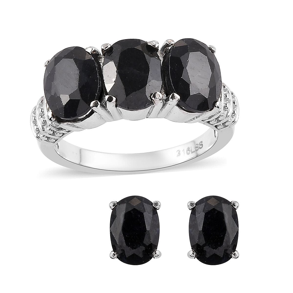 Midnight Sapphire 3 Stone Ring Size 6 and Solitaire Stud Earrings in Stainless Steel 5.90 ctw