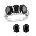 Midnight Sapphire 3 Stone Ring Size 6 and Solitaire Stud Earrings in Stainless Steel 5.90 ctw - Sticky add to cart bar