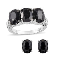 Midnight Sapphire 3 Stone Ring Size 6 and Solitaire Stud Earrings in Stainless Steel 5.90 ctw