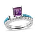 Asscher Cut African Amethyst, Moissanite and Blue Enamel Open Band Set of 2 Ring in Platinum Over Sterling Silver 1.60 ctw - Sticky add to cart bar