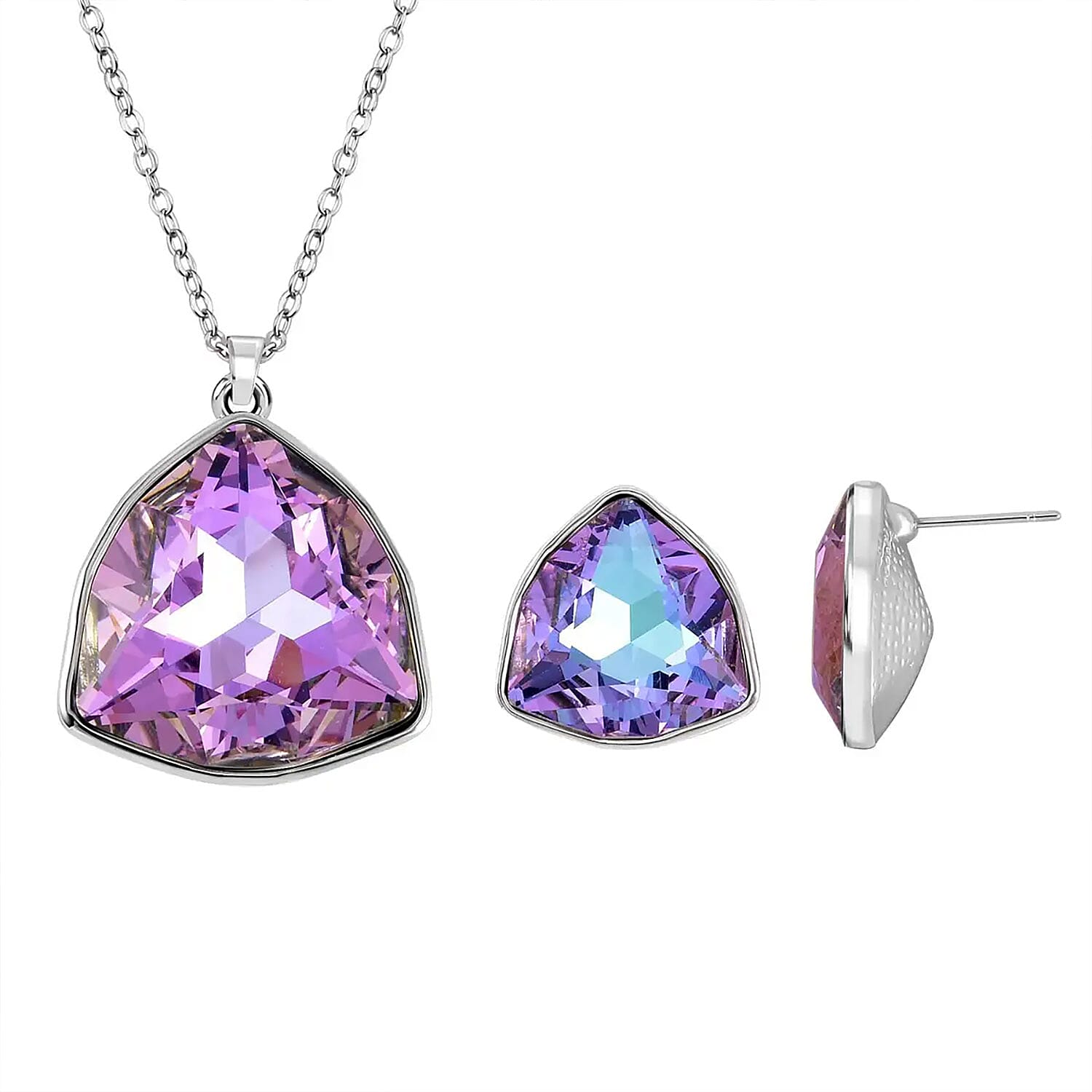 Purple Austrian Crystal Necklace 20-22 Inches and Stud Earrings in Silvertone