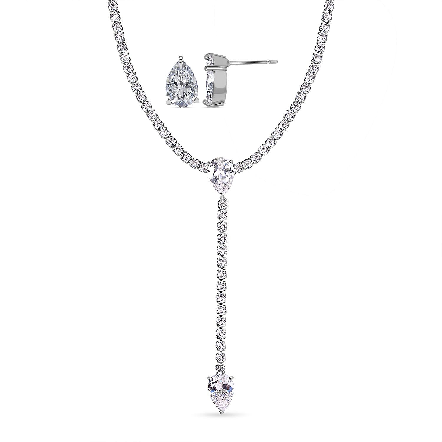 Simulated Diamond Necklace 18 Inches and Stud Earrings in Silvertone