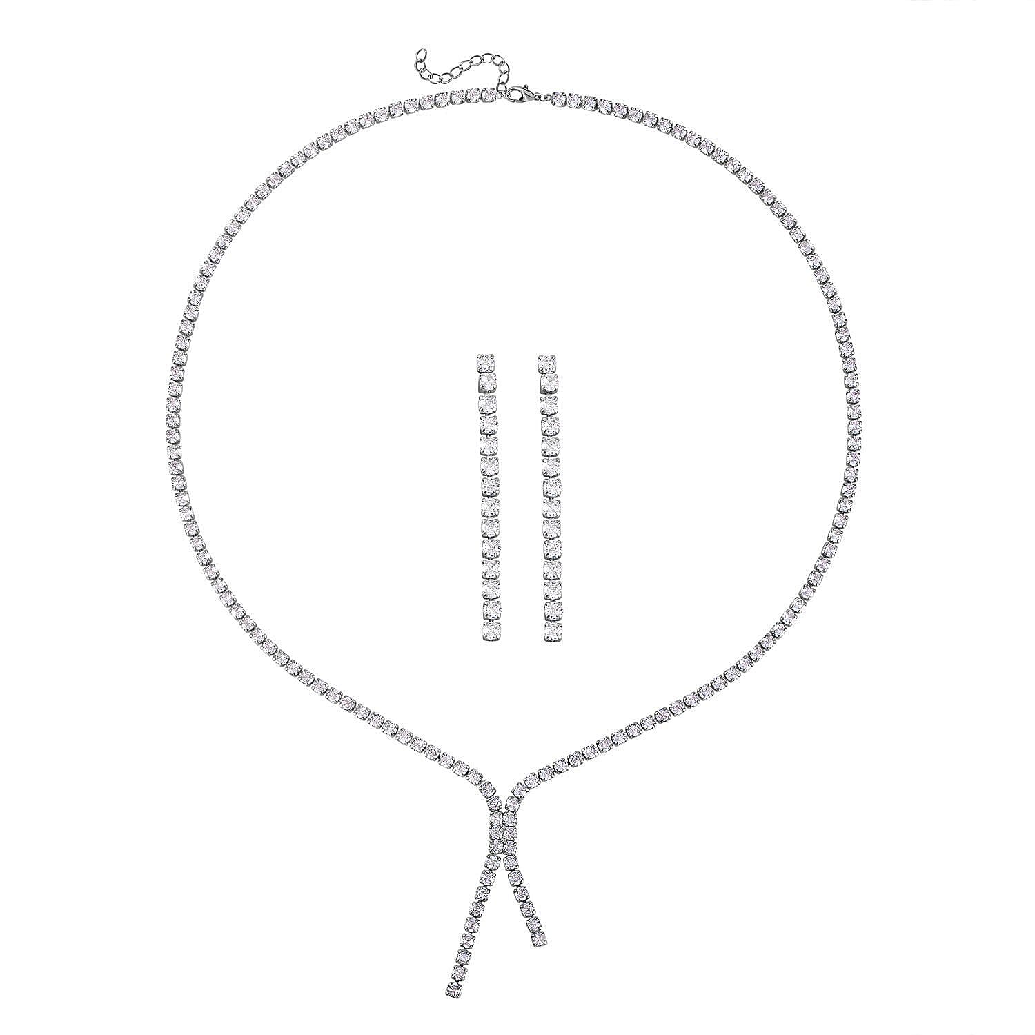 Simulated Diamond Tennis Necklace 18 Inches with Extender and Dangle Earrings in Silvertone