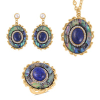 Lapis Lazuli, Abalone Shell Drop Earrings, Ring Size 5.0 and Pendant Necklace 20 Inches in Goldtone and ION Plated YG Stainless Steel 16.00 ctw