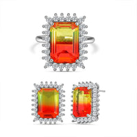Tourmaline Color Glass, Simulated Diamond Earrings and Ring (Size 6.0) in Silvertone