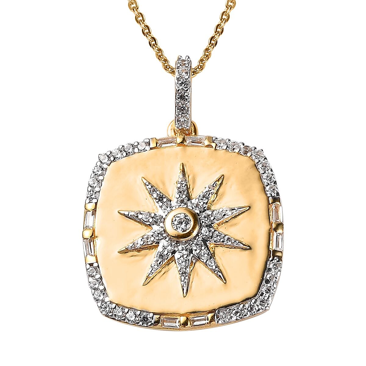 White Zircon Celestial Sun Medallion Pendant Necklace 20 Inches in Vermeil Yellow Gold Over Sterling Silver 1.30 ctw