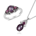 Premium Indian Star Ruby and Orissa Rhodolite Garnet Ring and Pendant Necklace 20 Inches in Platinum Over Sterling Silver 4.15 ctw - Sticky add to cart bar
