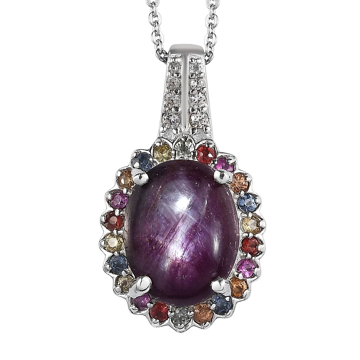 Indian Star Ruby and Multi Gemstone Floral Pendant Necklace 20 Inches in Platinum Over Sterling Silver 7.40 ctw