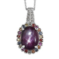 Indian Star Ruby and Multi Gemstone Floral Pendant Necklace 20 Inches in Platinum Over Sterling Silver 7.40 ctw - Sticky add to cart bar